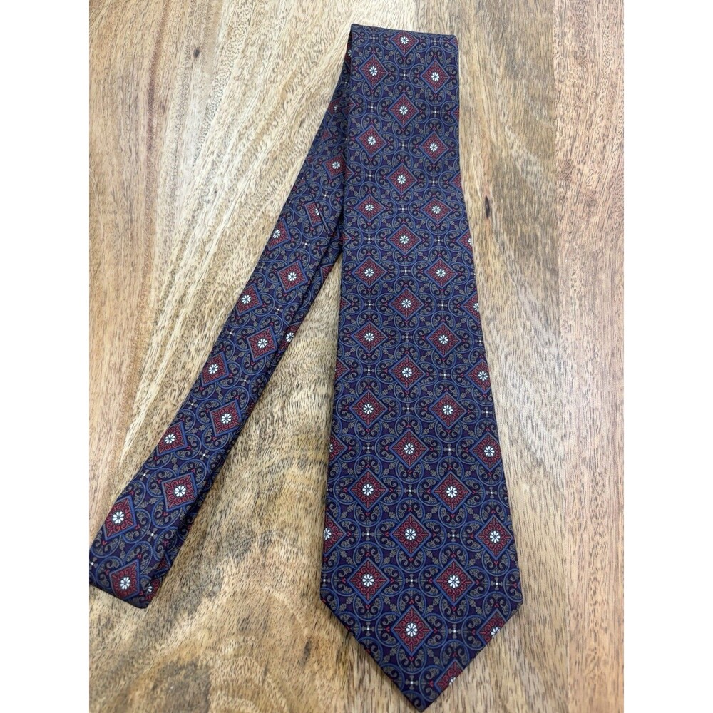 CHRISTIAN DIOR 100% Silk Necktie Geometric Burgundy/Blue/Rust